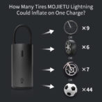 MOJIETU空気入れが１回の充電でどのぐらい空気入れられるかを表した写真