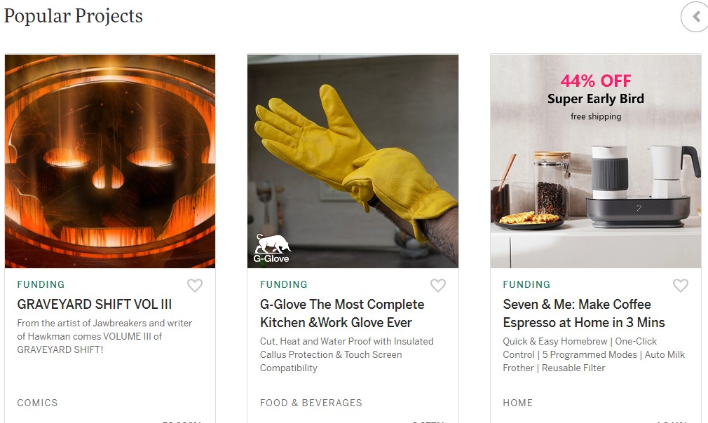 Indiegogoのpopular projectのページ
