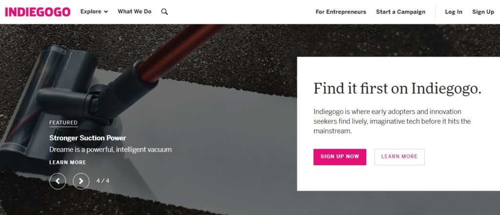 Indiegogoのトップページ